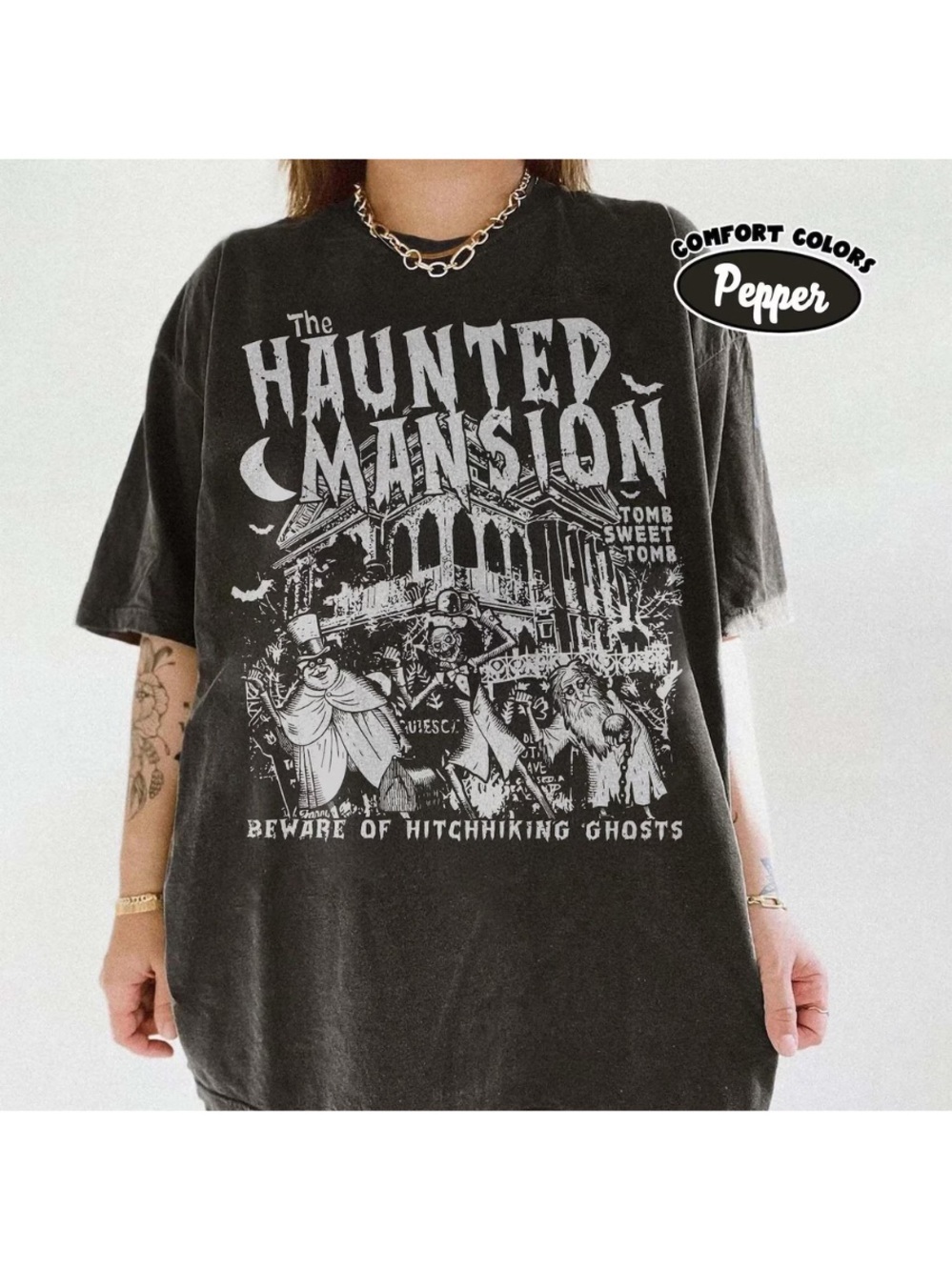 Comfort Colors Pepper Haunted Mansion Graphic Tee - Black with White Print